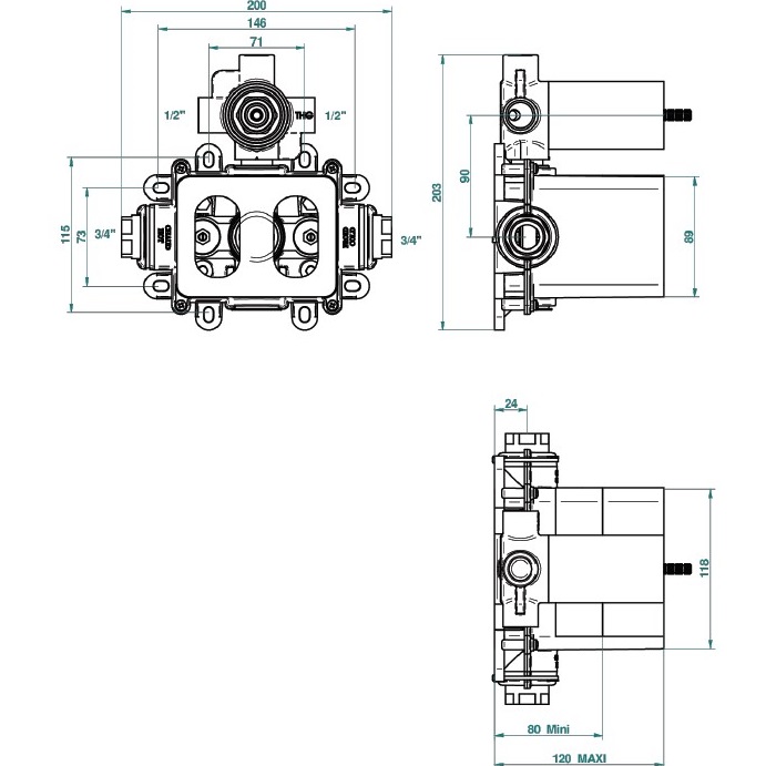 Термостат 3/4" - 60 л/мин с восковым картриджем и коробкой для встраивания THG G00-A00-5500AE, для двух потребителей